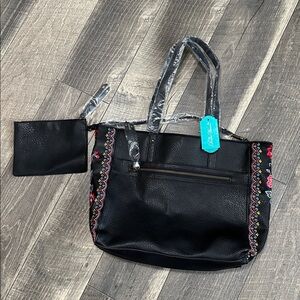 NWT Pioneer Woman Black Embroidered Tote Bag with Matching Wristlet